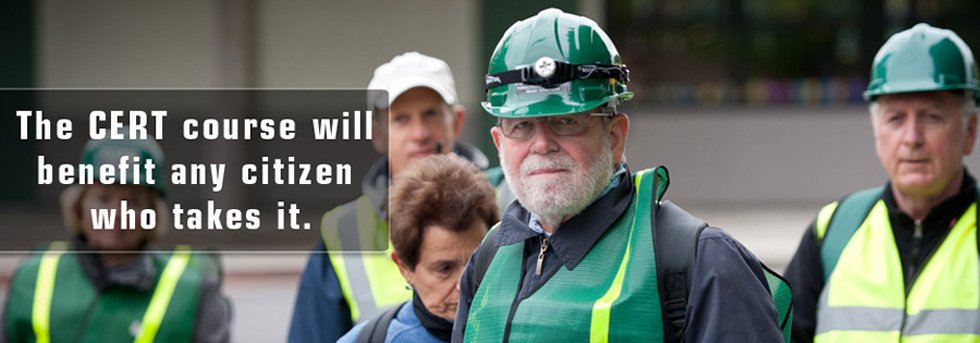 Lamorinda CERT volunteers wearing green CERT helmets and safety vests at a community event.